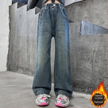Blugi căptușiți cu fleece pentru fete, stil nou de iarnă 2024, versiune coreeană, versatili, îngroșați, pantaloni largi cu picior larg, pantaloni eleganți cu picior drept