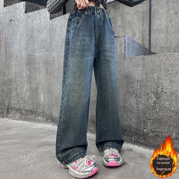 Blugi căptușiți cu fleece pentru fete, stil nou de iarnă 2024, versiune coreeană, versatili, îngroșați, pantaloni largi cu picior larg, pantaloni eleganți cu picior drept