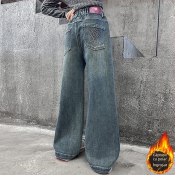 Blugi căptușiți cu fleece pentru fete, stil nou de iarnă 2024, versiune coreeană, versatili, îngroșați, pantaloni largi cu picior larg, pantaloni eleganți cu picior drept