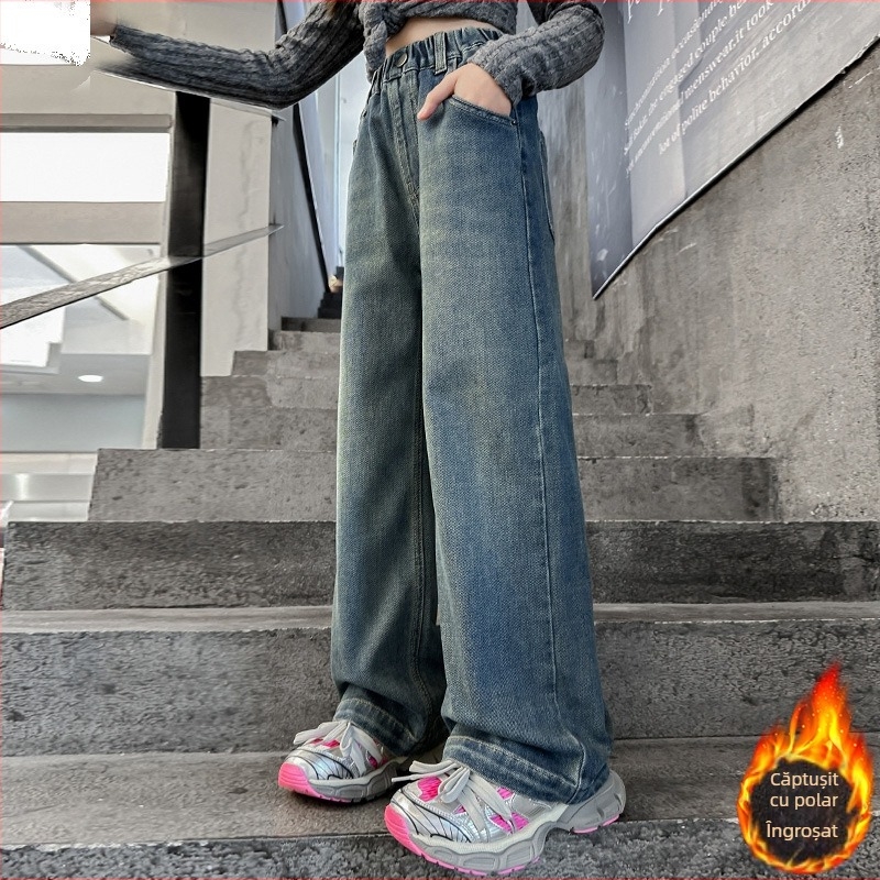 Blugi căptușiți cu fleece pentru fete, stil nou de iarnă 2024, versiune coreeană, versatili, îngroșați, pantaloni largi cu picior larg, pantaloni eleganți cu picior drept