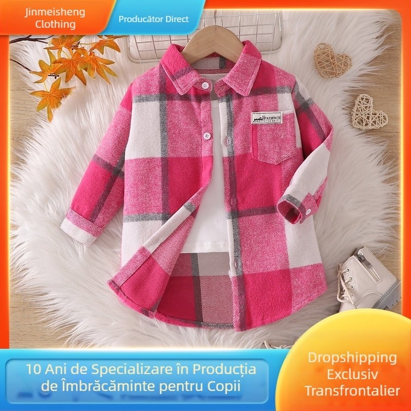 Toamna și toamna, fete, cămașă casual cu rever în carouri, la modă, stil coreean, primăvară și toamnă, jachetă cu mânecă lungă în carouri mari