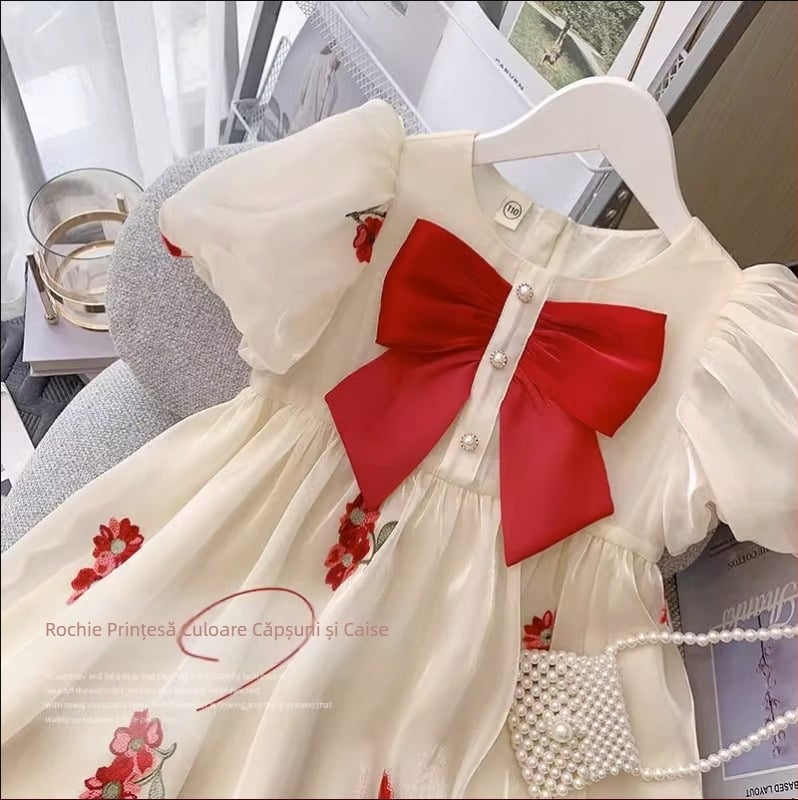 Rochie de fete 2024, stil nou, pentru copii, vară, mâneci bufante, arc, rochie de prințesă, rochie brodată pentru fete