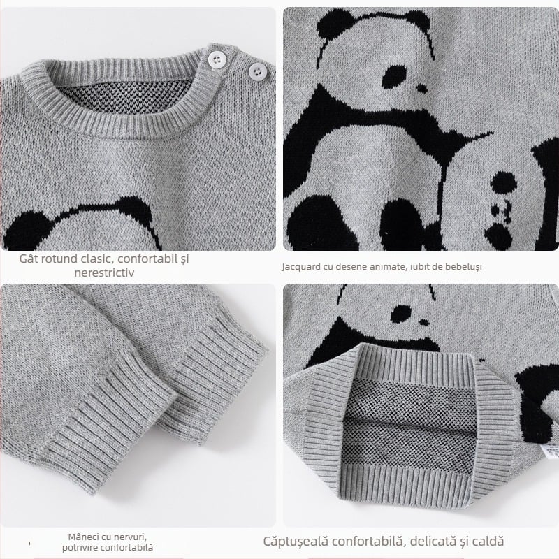 Mama mea și cu mine, pulover Panda Jacquard îngroșat, pulover pentru copii, pulover tricotat din bumbac, pulover pentru băieți, clasa A, pulover pentru bebeluși