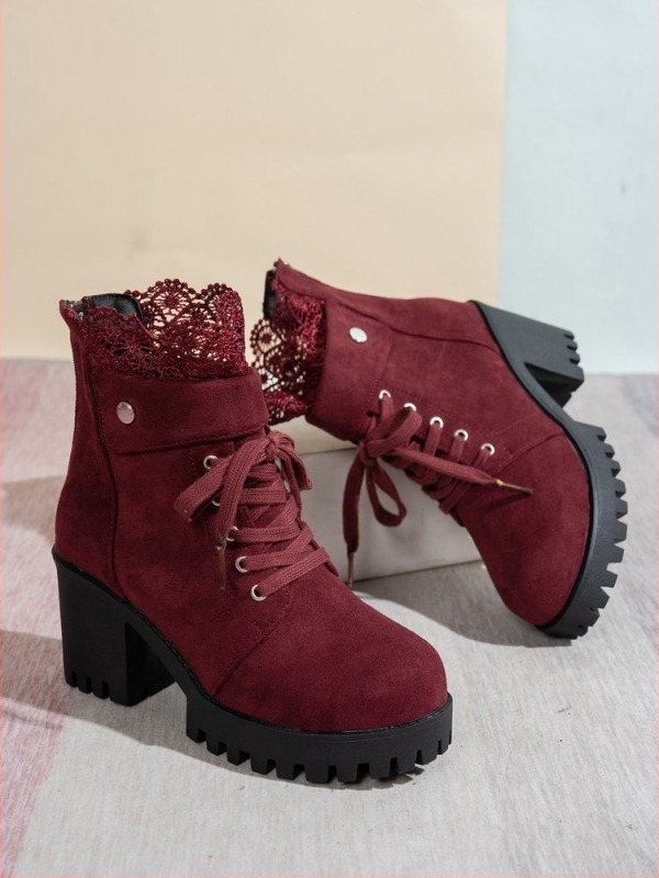 Cizme scurte pentru femei, mărime plus, cu toc gros și fermoar, versiune coreeană de toamnă și iarnă 2024, en-gros, cu dantelă, versiunea coreeană a cizmelor Martin