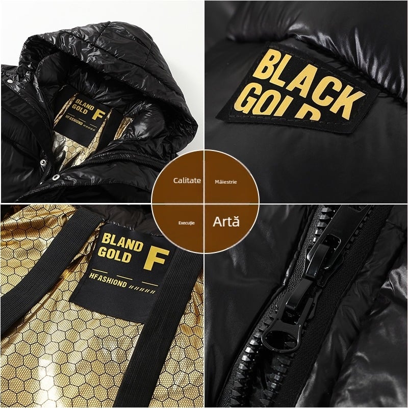 Jachetă nouă de iarnă transfrontalieră, căptușită cu bumbac, neagră, aurie, groasă, pentru bărbați și femei, caldă până la genunchi, 2024, haină lungă pentru tineri, căptușită cu bumbac, maree