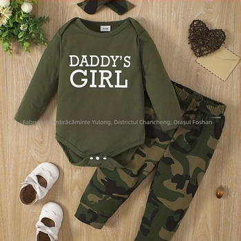 Bărbați drăguți și femei pentru bebeluși cu mânecă lungă, haine de iepuraș cu litere, verde armată, camuflaj, top cu mânecă lungă, eșarfă confortabilă din trei piese