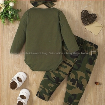 Bărbați drăguți și femei pentru bebeluși cu mânecă lungă, haine de iepuraș cu litere, verde armată, camuflaj, top cu mânecă lungă, eșarfă confortabilă din trei piese