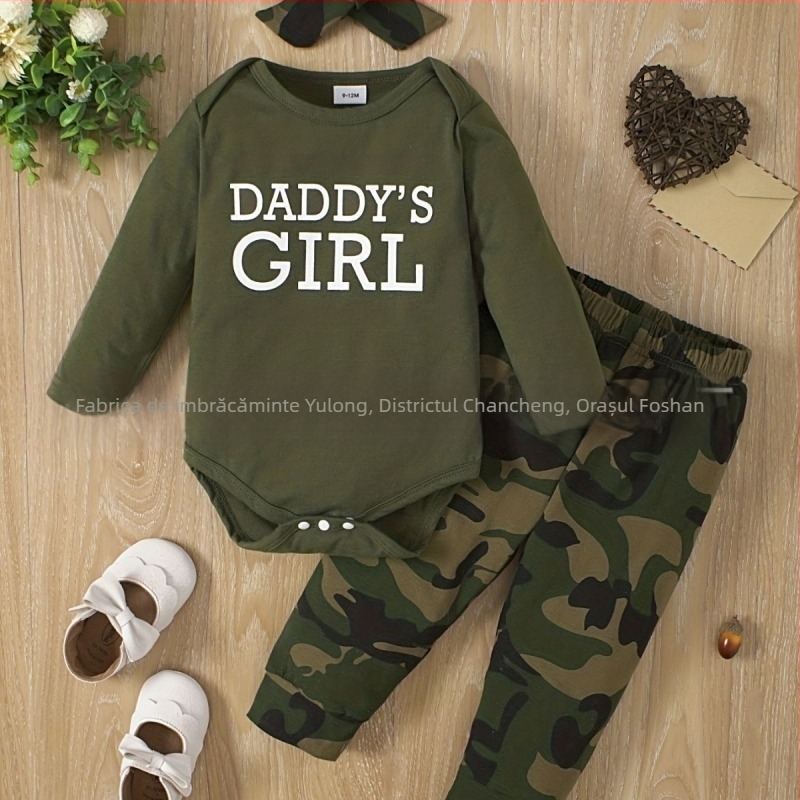 Bărbați drăguți și femei pentru bebeluși cu mânecă lungă, haine de iepuraș cu litere, verde armată, camuflaj, top cu mânecă lungă, eșarfă confortabilă din trei piese