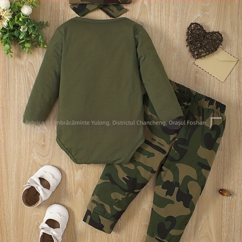 Bărbați drăguți și femei pentru bebeluși cu mânecă lungă, haine de iepuraș cu litere, verde armată, camuflaj, top cu mânecă lungă, eșarfă confortabilă din trei piese