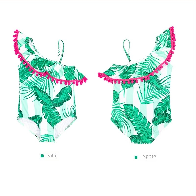 Costum de baie pentru copii, vară, costum de baie pentru fete, verde, cu umeri oblici, cu ciucuri, frunze de banană, pentru bebeluși, o singură bucată de costum de baie