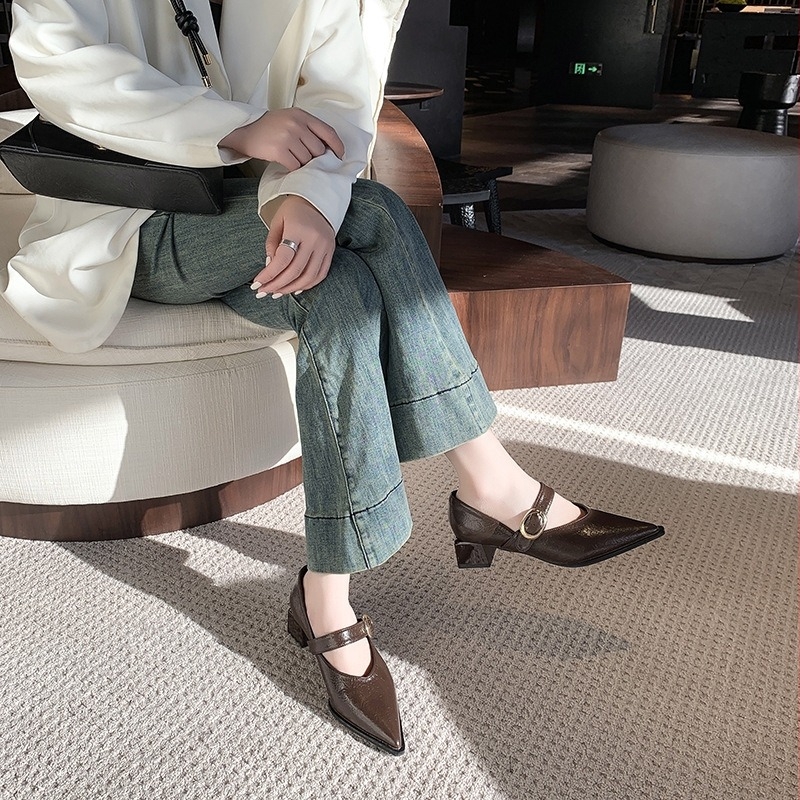 Pantofi de damă cu toc gros, stil coreean, toamna și iarna, stil Mary Jane, stil coreean, toc înalt, cu toc mediu, stil coreean, all-match