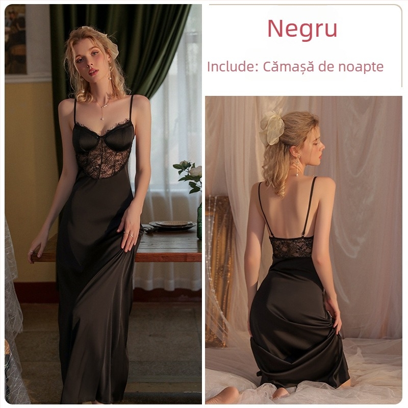 Dz Guiruo Spliced Lace Brand Sexy V Neck Breast Pad Pure Color Satin Slim Fit Women's Home Wear Nightdress Q2720