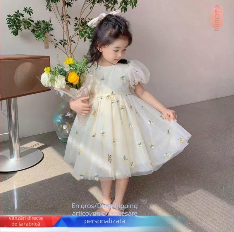 Rochie de vară pentru fete, personalizată, în stil coreean, cu imprimeu floral, brodat, pentru bebeluși, rochie de prințesă din plasă pentru fetițe