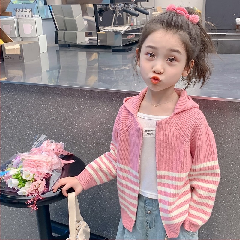 Cardigan pentru fete, pulover de primăvară și toamnă, cu fermoar pentru copii, jachetă cu glugă pentru fete, stil occidental K2520