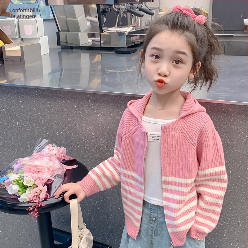 Cardigan pentru fete, pulover de primăvară și toamnă, cu fermoar pentru copii, jachetă cu glugă pentru fete, stil occidental K2520