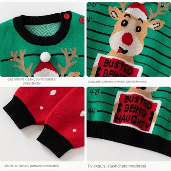 Pulover de Crăciun cu imprimeu jacquard tricotat clasa A pentru copii, pulover de toamnă și de iarnă, pulover pentru bebeluși, pulover din bumbac pentru copii, pulover de Crăciun