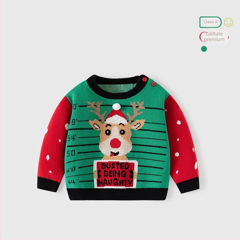 Pulover de Crăciun cu imprimeu jacquard tricotat clasa A pentru copii, pulover de toamnă și de iarnă, pulover pentru bebeluși, pulover din bumbac pentru copii, pulover de Crăciun