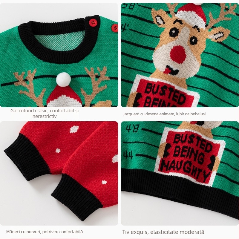 Pulover de Crăciun cu imprimeu jacquard tricotat clasa A pentru copii, pulover de toamnă și de iarnă, pulover pentru bebeluși, pulover din bumbac pentru copii, pulover de Crăciun