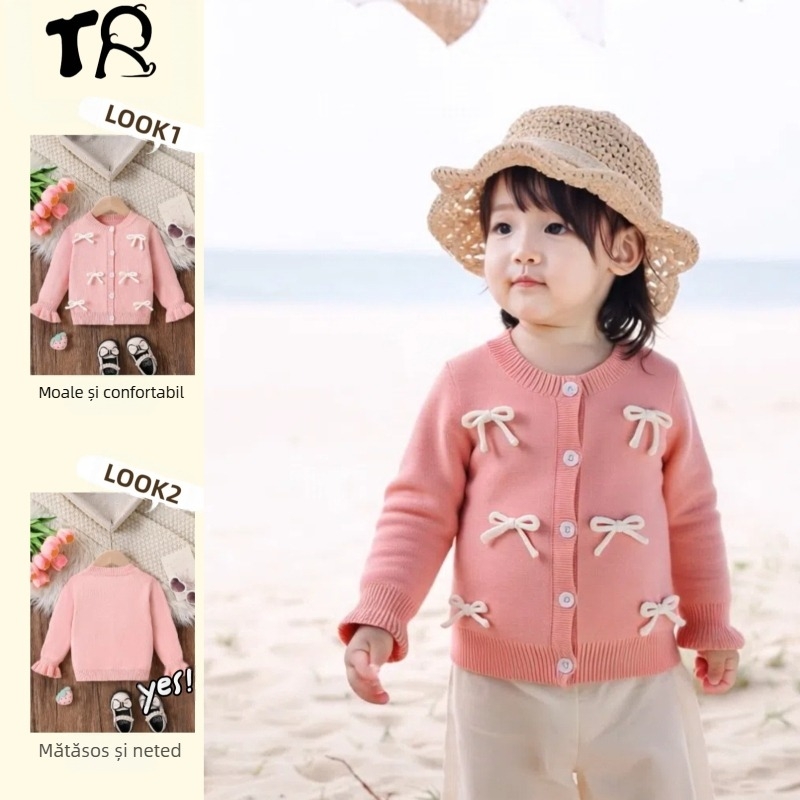 Cardigan drăguț roz alb cu nasturi și fundă, potrivit pentru fete, pulover tricotat cu mânecă lungă și corn