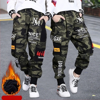 Pantaloni de iarnă pentru copii, căptușiți cu fleece, călduroși, îngroșați, 2024, noi, casual, de camuflaj, pantaloni la modă