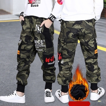 Pantaloni de iarnă pentru copii, căptușiți cu fleece, călduroși, îngroșați, 2024, noi, casual, de camuflaj, pantaloni la modă