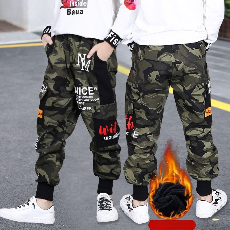 Pantaloni de iarnă pentru copii, căptușiți cu fleece, călduroși, îngroșați, 2024, noi, casual, de camuflaj, pantaloni la modă