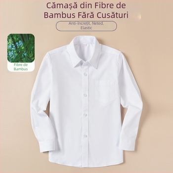Uniformă școlară de primăvară și toamnă din fibră de bambus cu mânecă lungă pentru copii, cămașă albă pentru elevi de școală primară