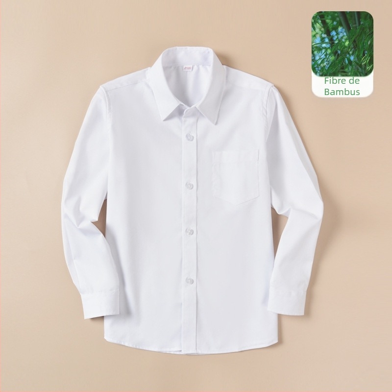 Uniformă școlară de primăvară și toamnă din fibră de bambus cu mânecă lungă pentru copii, cămașă albă pentru elevi de școală primară