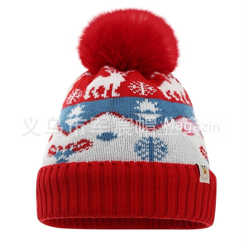 Pălărie de Crăciun pentru copii, transfrontalieră europeană și americană, în stoc, căptușeală din lână jacquard îngroșată, elan, căciulă de iarnă caldă, tricotată cu bile de blană