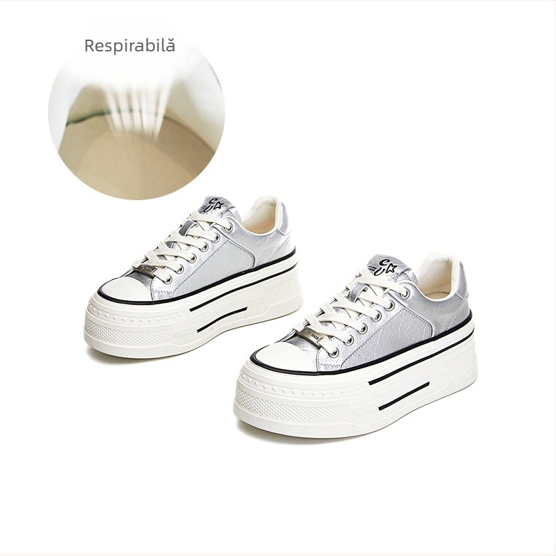 Pantofi de damă din piele naturală cu talpă groasă, albi, 2025, primăvara nouă, simpli, cu creștere în înălțime, pantofi de damă, casual, cu platformă joasă, all-match