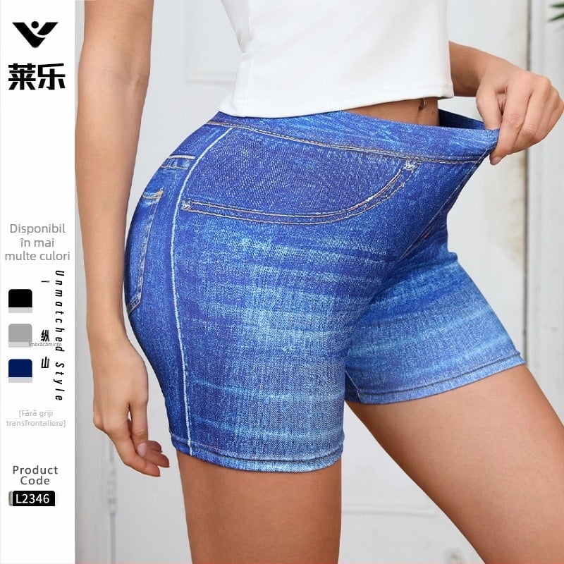 Pantaloni scurți de yoga din denim pentru femei, cu talie înaltă și elasticitate, noi, de primăvară și de vară, cu imprimeu triplu, cu imitație de denim încrucișat și imprimeu