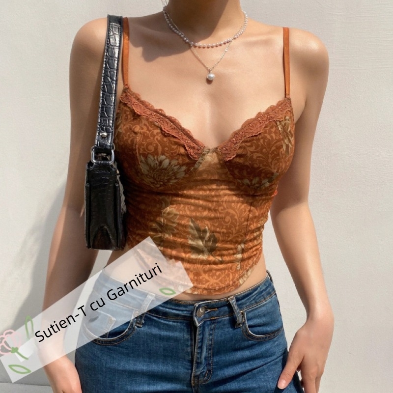 Vestă curea cu imprimeu Maple Leaf Spice Girl, curea piept, purtare interioară, design francez de primăvară și vară, Sense Niche, purtare exterioară, top scurt pentru femei