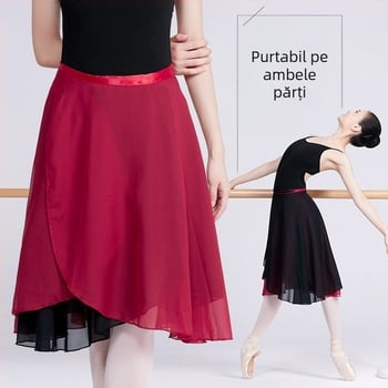 Rochie de antrenament pentru adulți, fustă de dans cu jumătate de lungime, din șifon cu strat dublu, fustă de lungime medie, leagăn mare, fustă de dans cu dantelă, fustă dintr-o singură bucată