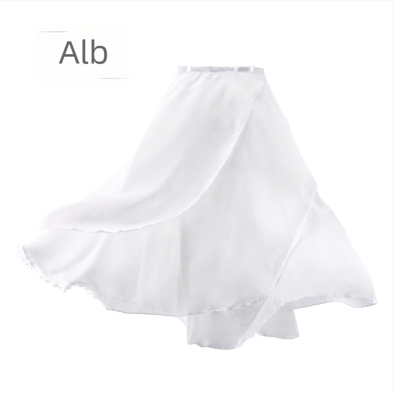 Rochie de antrenament pentru adulți, fustă de dans cu jumătate de lungime, din șifon cu strat dublu, fustă de lungime medie, leagăn mare, fustă de dans cu dantelă, fustă dintr-o singură bucată