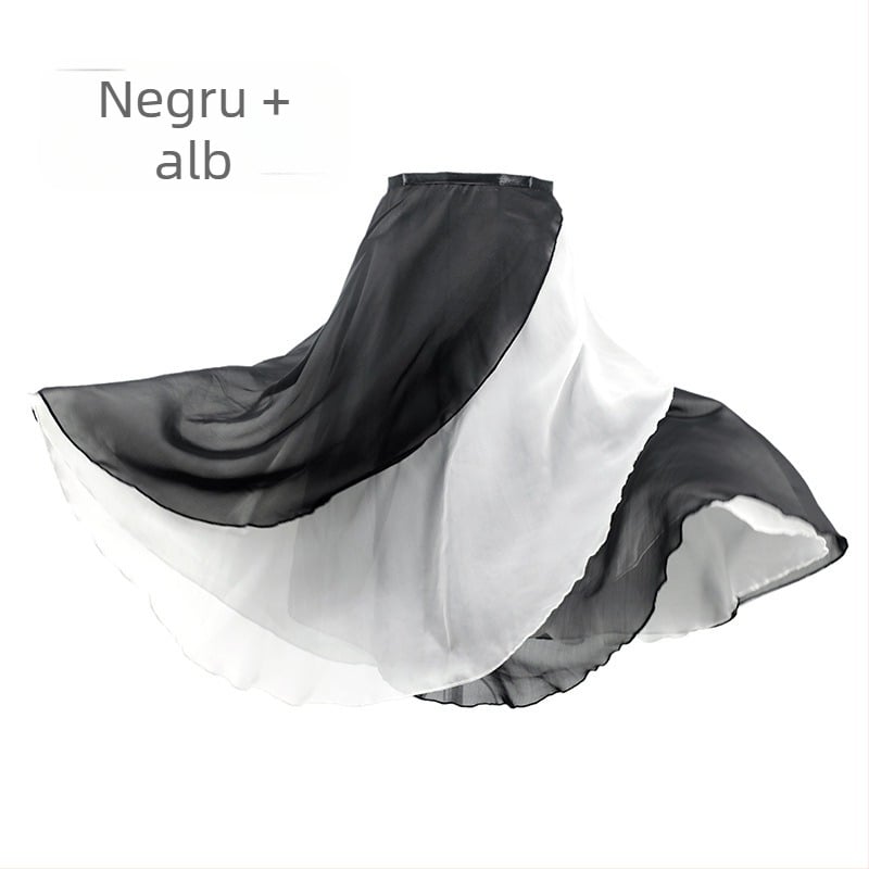 Rochie de antrenament pentru adulți, fustă de dans cu jumătate de lungime, din șifon cu strat dublu, fustă de lungime medie, leagăn mare, fustă de dans cu dantelă, fustă dintr-o singură bucată