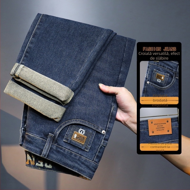 Blugi brodați la modă explozivi pentru bărbați, toamna și iarna, slim-fit, mici, drepte, stretch, lejer, casual, micro con, pantaloni