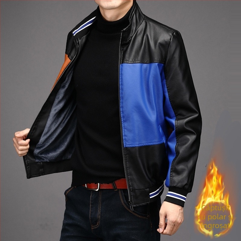 Jachetă de piele pentru bărbați, căptușită cu fleece, nouă, 2024, toamnă și iarnă, business casual, guler din piele PU, culoare contrastantă, la modă