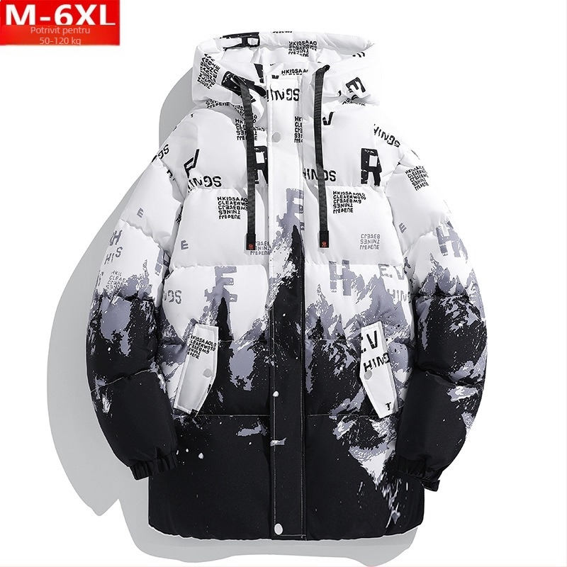 Jachetă de iarnă la modă pentru bărbați, cu glugă, de lungime medie, din bumbac, dolofană, de mărime mare, plus grăsime, caldă, din bumbac, cu bumbac