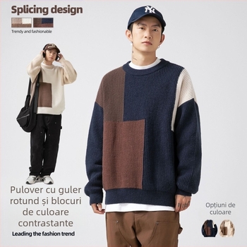 Tricotaje cu textură de îmbinare cu blocuri de culoare pentru bărbați și femei în toamna și iarna, stil nou, stil japonez, vrac, la modă, de brand, tricotaje groase cu ac gros