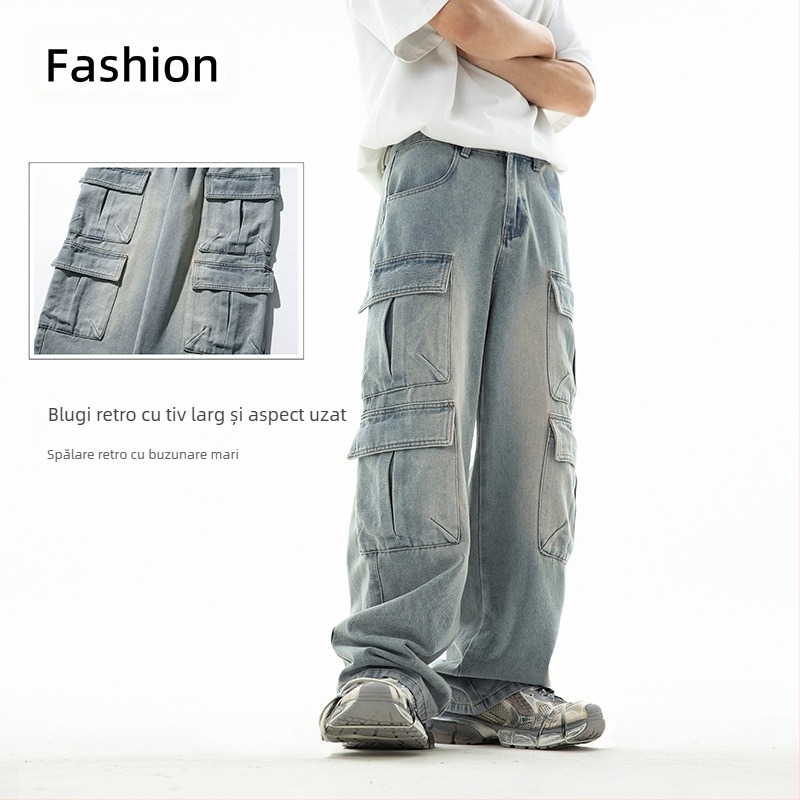 Blugi cu buzunare multiple, stil workwear, pentru bărbați, pantaloni casual japonezi vintage, spălați, uzați, pantaloni lungi largi în stil chinezesc