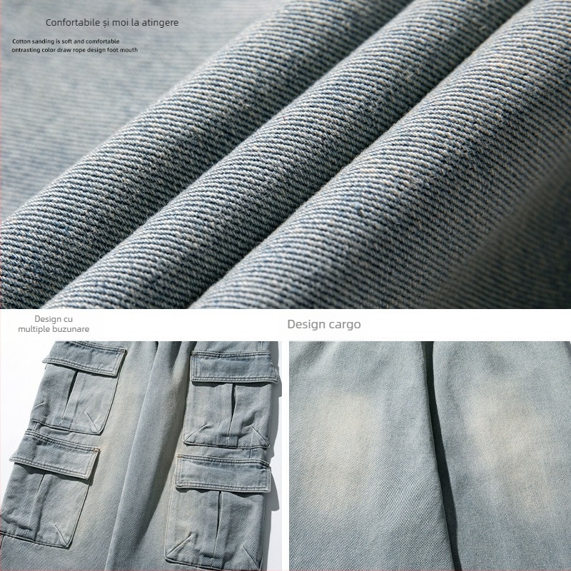 Blugi cu buzunare multiple, stil workwear, pentru bărbați, pantaloni casual japonezi vintage, spălați, uzați, pantaloni lungi largi în stil chinezesc