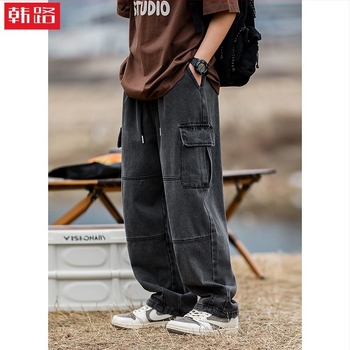 Helu Men's Double Three-Dimensional Pocket Jeans Men's Spring New Retro Waist Spliced Straight Leg Pants