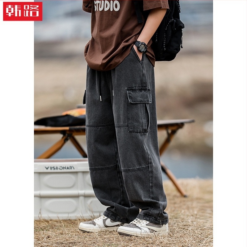 Helu Men's Double Three-Dimensional Pocket Jeans Men's Spring New Retro Waist Spliced Straight Leg Pants