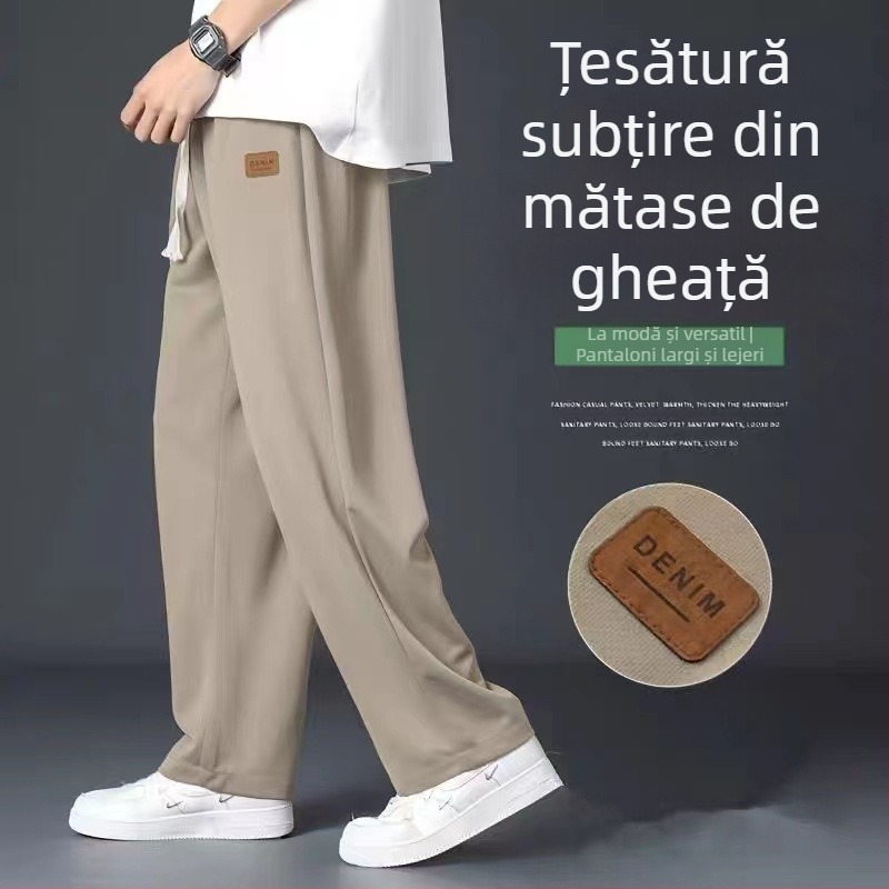 Pantaloni de mătase de gheață pentru bărbați, pantaloni de costum de vară pentru bărbați, pantaloni subțiri cu picior larg, casual, drepți, de înaltă calitate, cu pandantiv