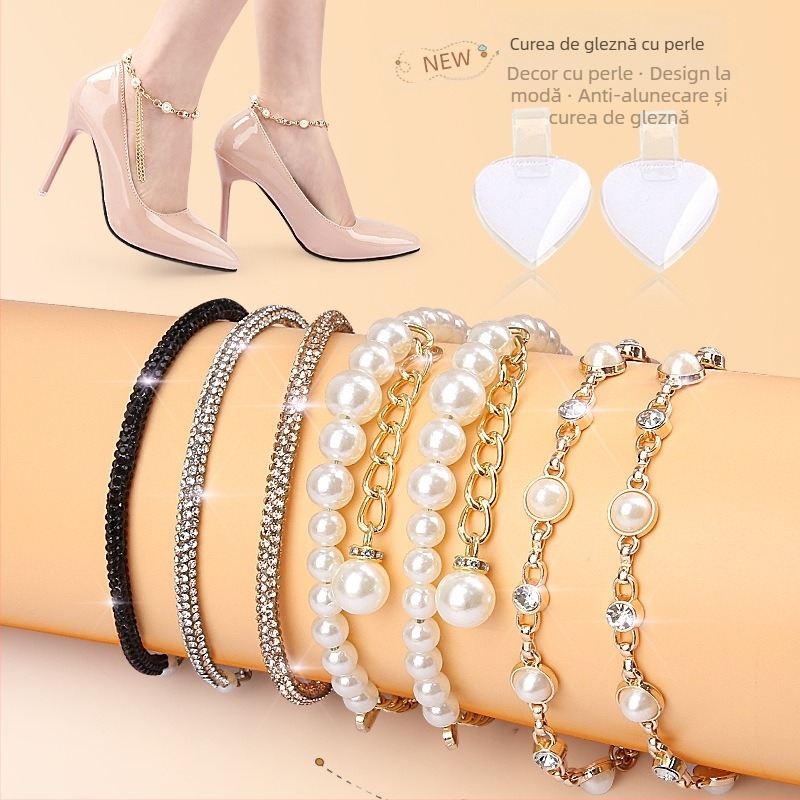 Șireturi cu lanț de perle și diamant, pantofi cu toc înalt, fără instalare, fără șireturi, curea leneșă anti-cădere pentru călcâi