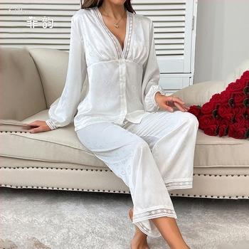 Pijamale cu mânecă lungă la modă europeană și americană, costum sexy cu pantaloni, din două piese, confortabil, satin, jacquard, haine de casă 687