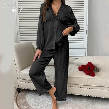 Pijamale cu mânecă lungă la modă europeană și americană, costum sexy cu pantaloni, din două piese, confortabil, satin, jacquard, haine de casă 687