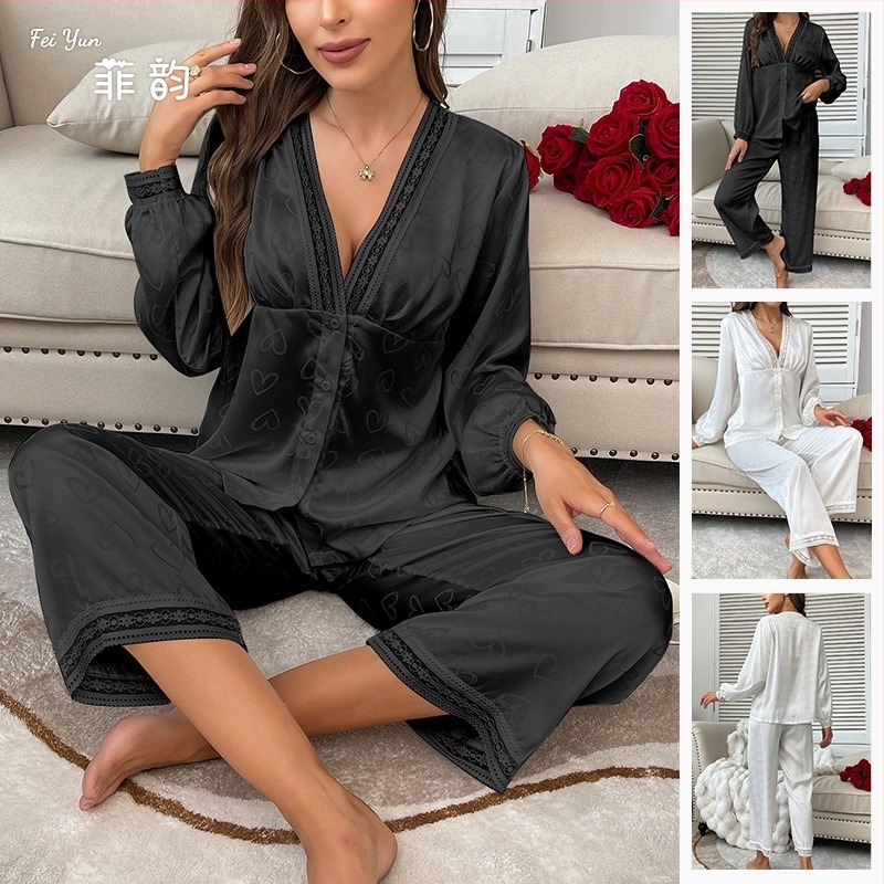 Pijamale cu mânecă lungă la modă europeană și americană, costum sexy cu pantaloni, din două piese, confortabil, satin, jacquard, haine de casă 687