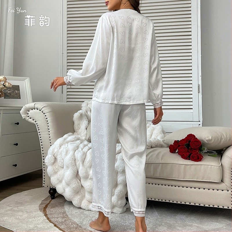 Pijamale cu mânecă lungă la modă europeană și americană, costum sexy cu pantaloni, din două piese, confortabil, satin, jacquard, haine de casă 687