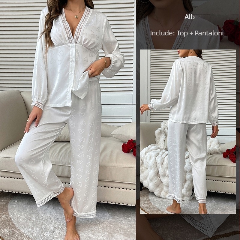 Pijamale cu mânecă lungă la modă europeană și americană, costum sexy cu pantaloni, din două piese, confortabil, satin, jacquard, haine de casă 687